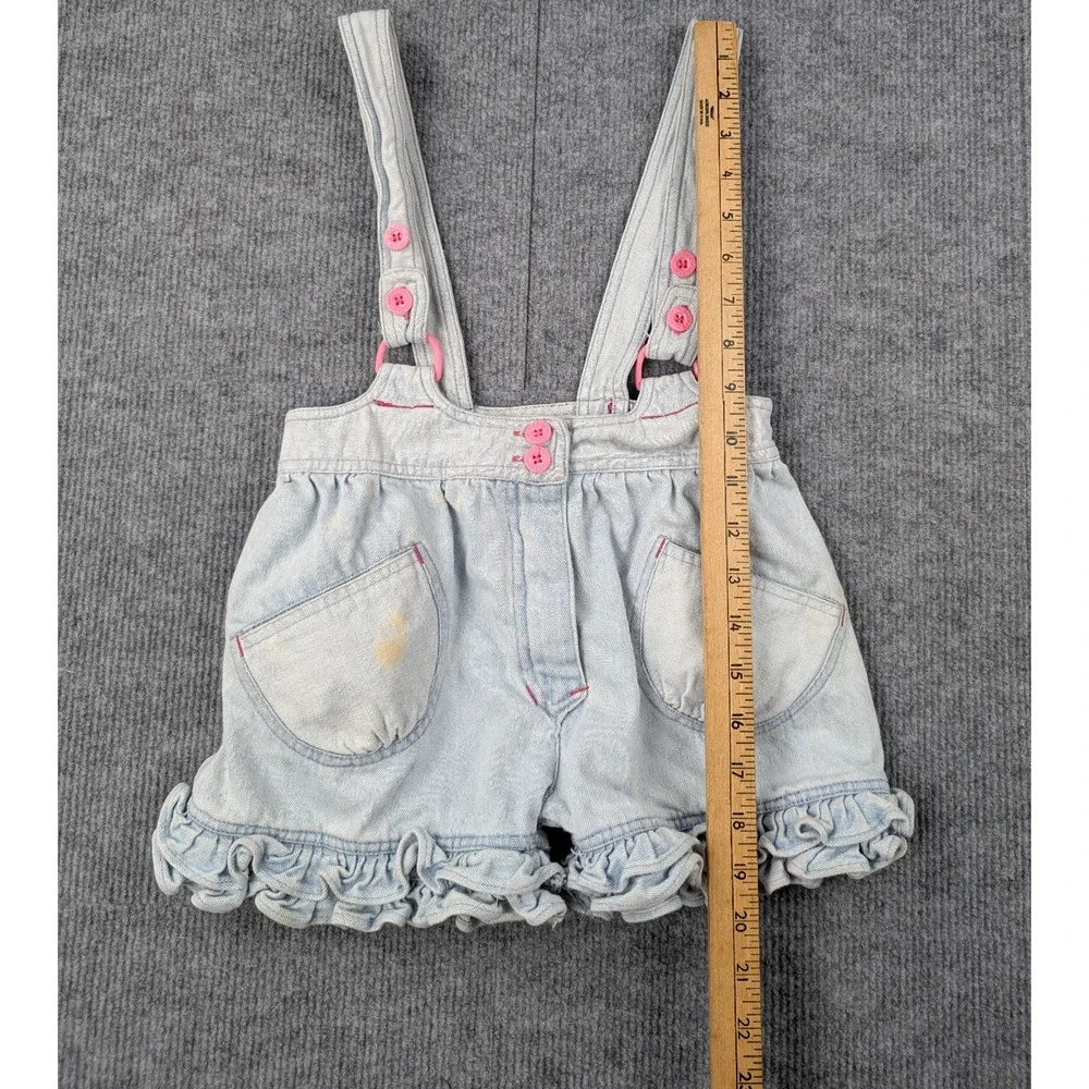 Vintage Kids Overalls Girl 4T Denim Ruffle Y2K Blue Frilly Light Wash Jeans Pink